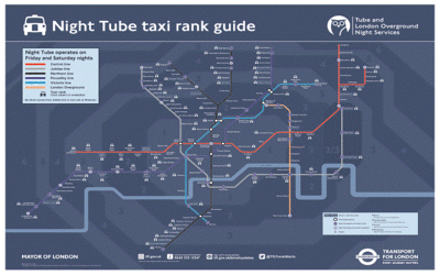 Night Tube map showing Victoria, Central and Jubilee lines
