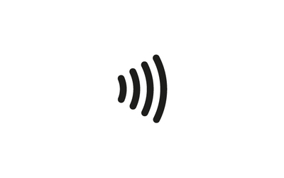 Black and white icon for contactless showing 4 curved lines starting small and getting bigger