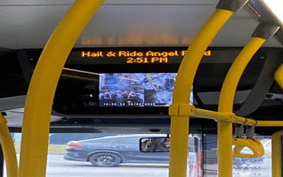 On-bus screen indicating hail and ride section of bus route