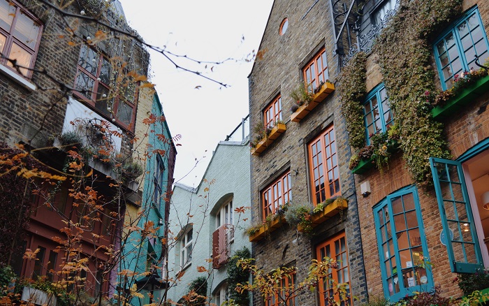 Buildings in Neal's Yard with bright coloured windows