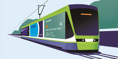 Tram with graphics of a bank card, Oyster card and mobile phone on the side