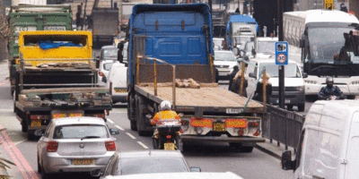 Lorries and cars stuck in traffic