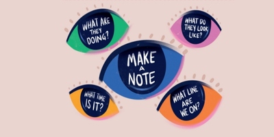 pictures of eyes with text: 'what are they doing' and 'what time is it' and 'make a note' and 'what line are we on' and 'what do they look like?'