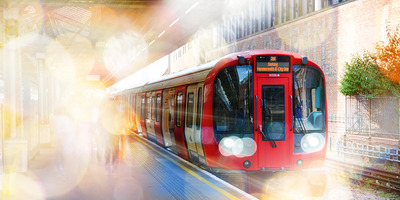 Tube train pulling into platform with sun flare