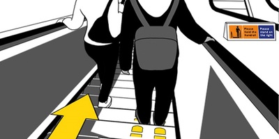 Graphic of a person standing on the right side of an escalator whilst another person walks down the escalator on the left