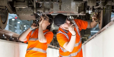 Woman and man engineer working under a train