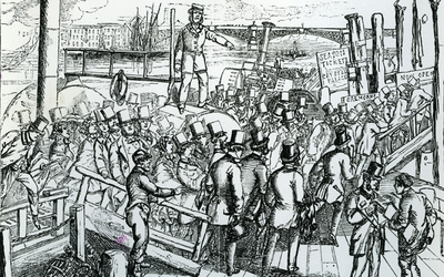 Black and white book engraving of river passengers near London Bridge