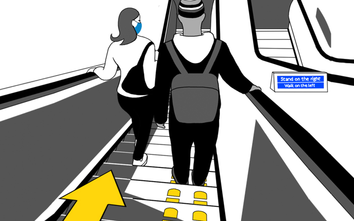 Graphic showing customer standing on the right of an escalator while other customers walk down the escalator on the left side.