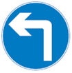 Left turn ahead road sign: blue circle with white arrow pointing left