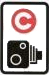 white rectangular road sign with a red circle with a white letter 'C' and black camera symbol underneath